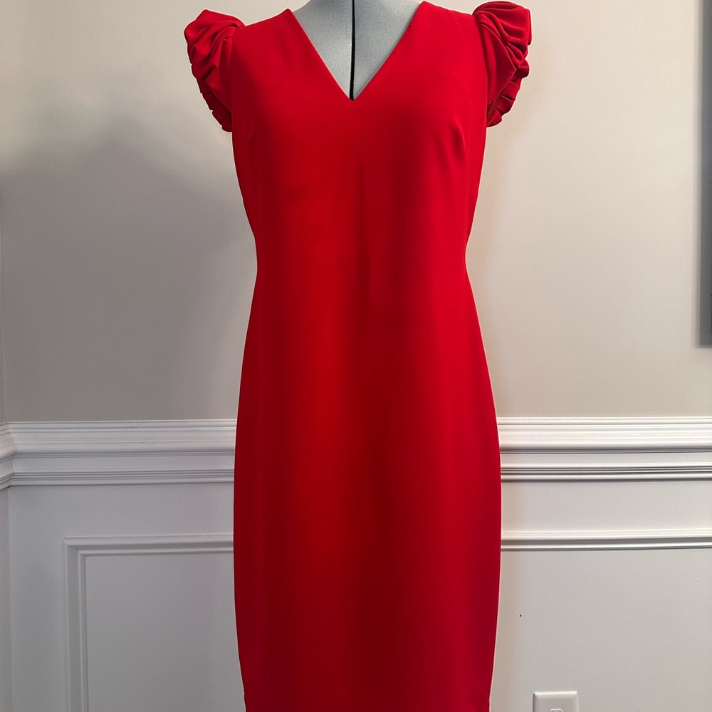Calvin Klein Red Midi Dress with Ruffled Sleeves